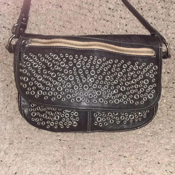 GIANNI CHIARINI-Black Leather Fold Over-Grommets/Studs-XBody/Shoulder-Excellent - Picture 2 of 8